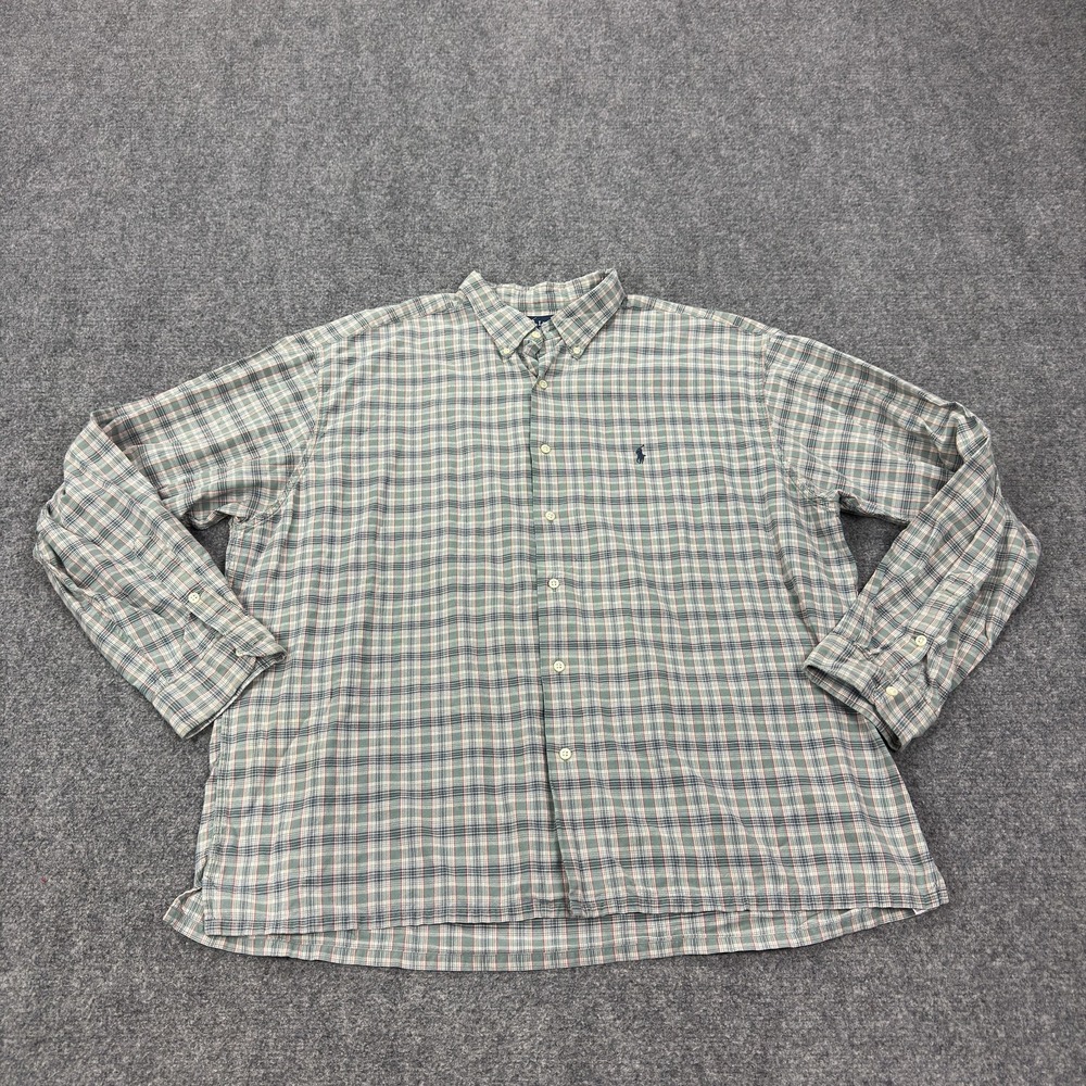 Vintage Ralph Lauren Shirt Mens 2XL Green Plaid 100% Cotton Greggor Button Front